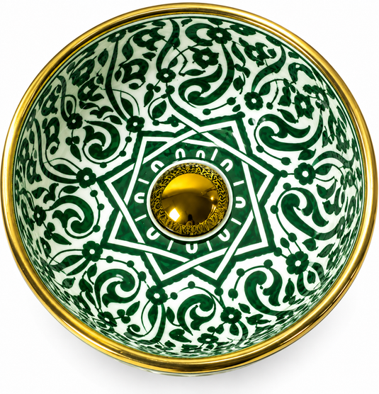 Handmade Moroccan Ceramic Vessel Sink – Emerald Green Floral Design with Gold Rim