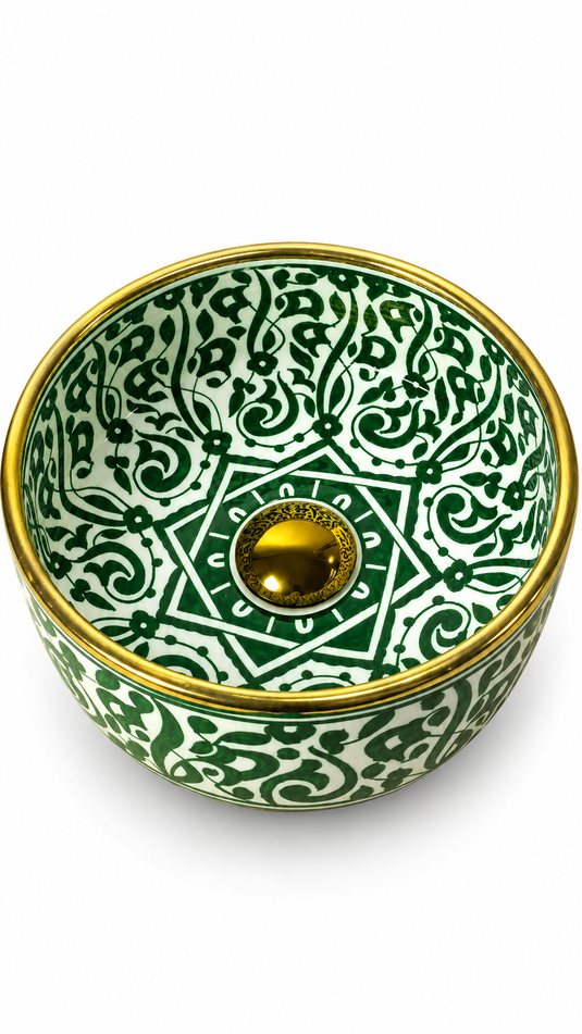 Handmade Moroccan Ceramic Vessel Sink – Emerald Green Floral Design with Gold Rim