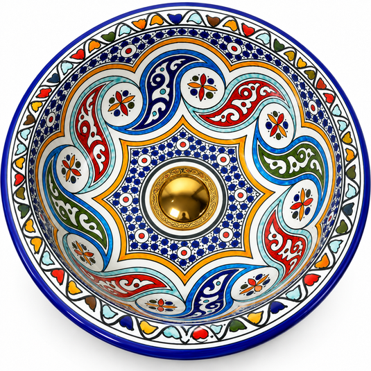 Hand-Painted Moroccan Ceramic Vessel Sink – Multicolor Floral & Geometric Design with Cobalt Blue Rim