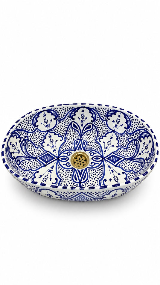 Blue and White Oval Moroccan Ceramic Countertop Sink #001
