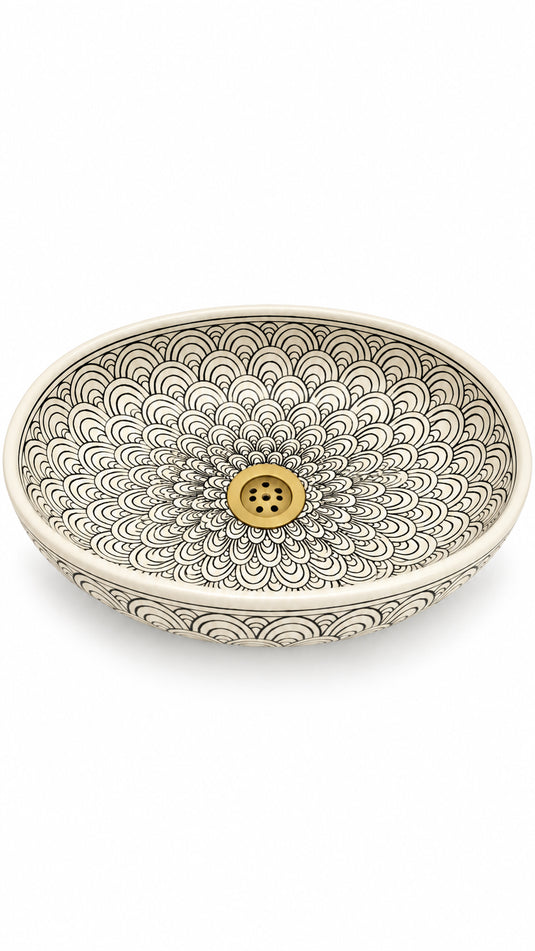 Black and Cream Oval Moroccan Ceramic Sink #004