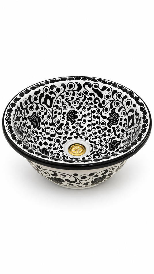 Handmade Black and White Floral Ceramic Vessel Sink – Hand-Painted Bathroom Countertop Basin