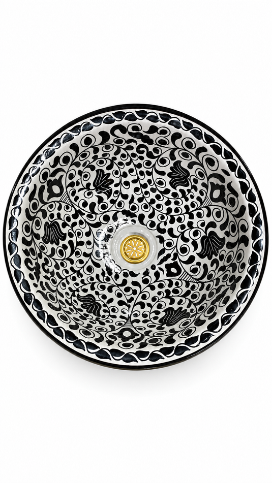 Handmade Black and White Floral Ceramic Vessel Sink – Hand-Painted Bathroom Countertop Basin