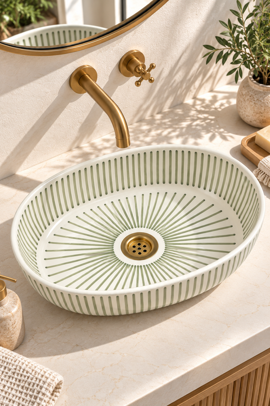 Sage Green Striped Oval Moroccan Ceramic Sink #020