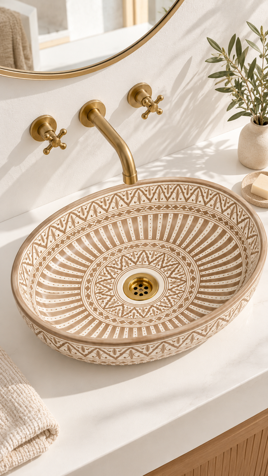 Taupe and Cream Ornate Moroccan Ceramic Sink #017