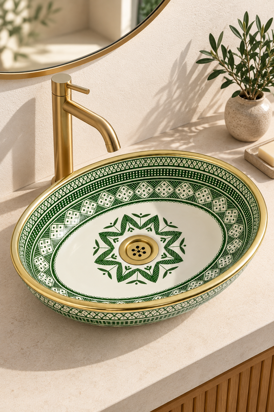 Green and Cream Moroccan Ceramic Sink with Gold-Toned Rim#024