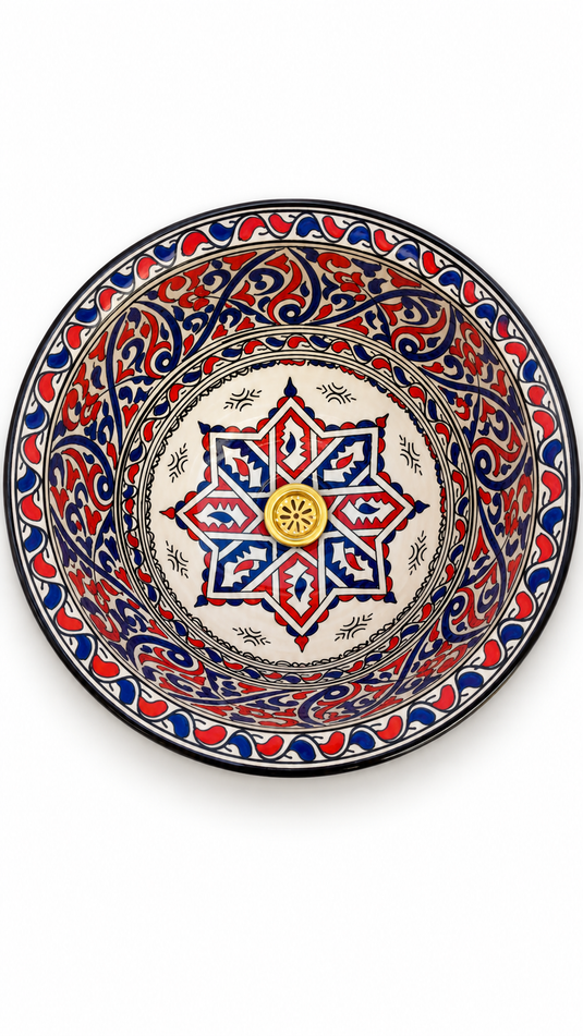 Handmade Red and Blue Ceramic Vessel Sink – Hand-Painted Arabesque Bathroom Countertop Basin