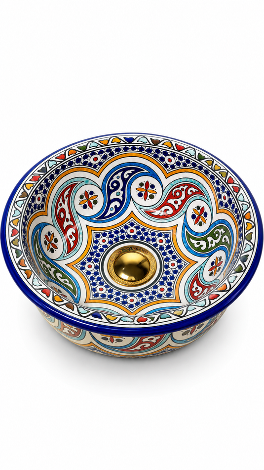 Hand-Painted Moroccan Ceramic Vessel Sink – Multicolor Floral & Geometric Design with Cobalt Blue Rim