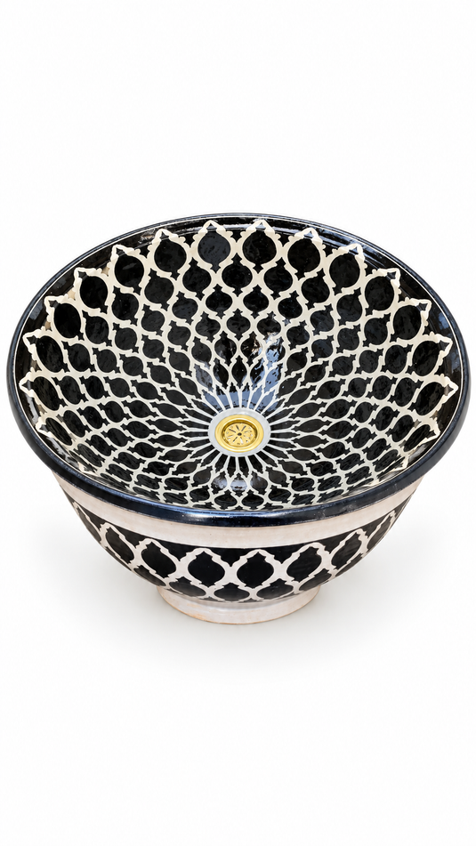 Handcrafted Black & Ivory Geometric Ceramic Vessel Sink