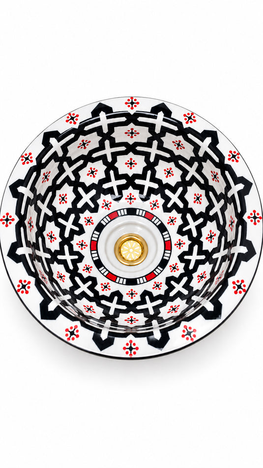Black & White Moroccan Sink – Hand-Painted Ceramic Washbasin with Red Details