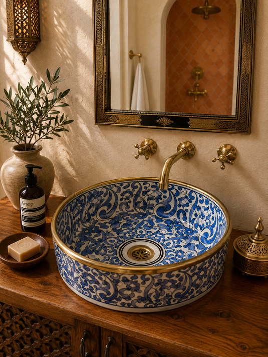 Vessel Sink, Sink Bowl, Ceramic Basin, Hand Wash Basin,Antique Sink with Brass Rim Edge