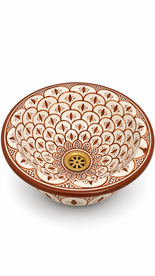 Handmade Moroccan Ceramic Vessel Sink – Terracotta Brown & White Floral Pattern Bathroom Basin