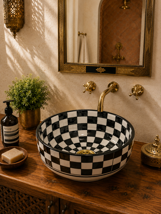 Checkered Ceramic sink With moroccan Style - Handmaded Sink