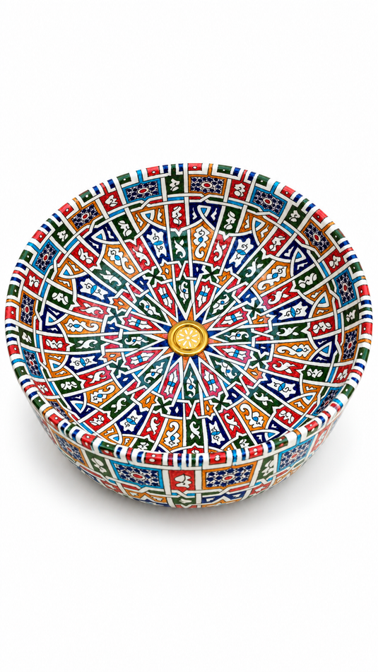 Handmade Multicolor Ceramic Vessel Sink – Hand-Painted Geometric Bathroom Countertop Basin
