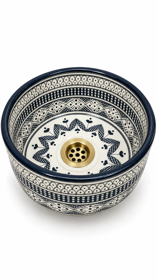 Handmade Moroccan Ceramic Vessel Sink – Black & White Geometric Pattern with Brass Drain | Luxury Bathroom Basin