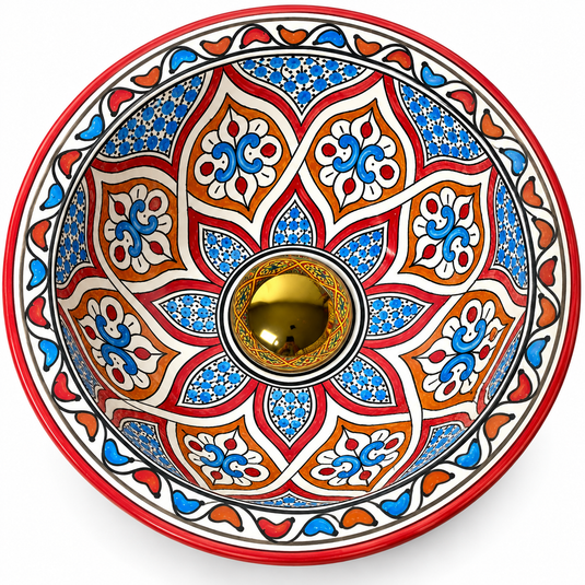 Handmade Moroccan Ceramic Vessel Sink – Colorful Red & Blue Floral Pattern with Brass Drain