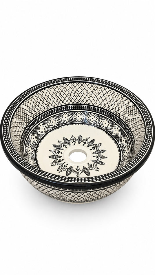 Black & Ivory Moroccan Ceramic Vessel Sink – Hand-Painted Geometric Design