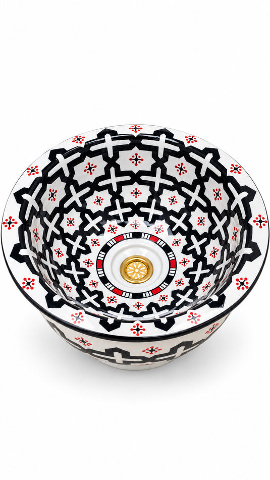 Black & White Moroccan Sink – Hand-Painted Ceramic Washbasin with Red Details