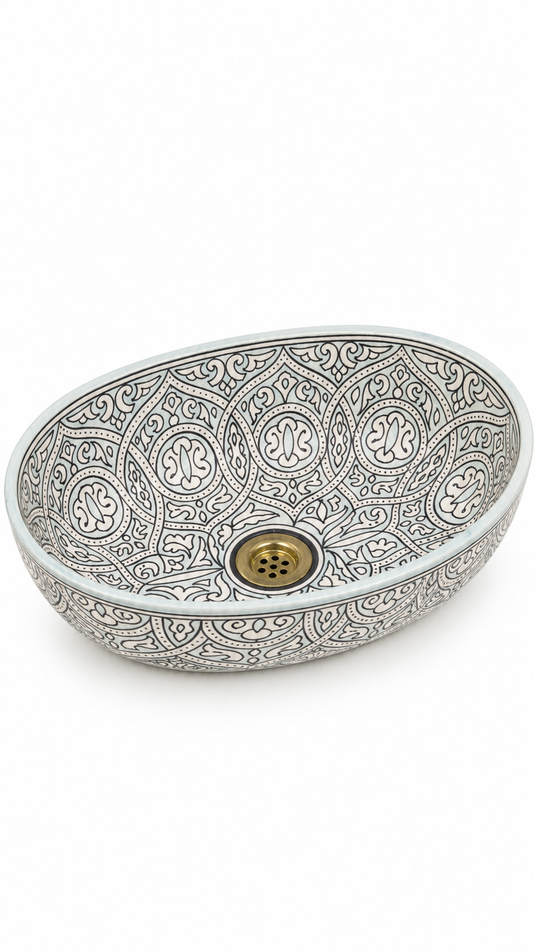 Pale Aqua and Black Ornate Moroccan Ceramic Sink #019